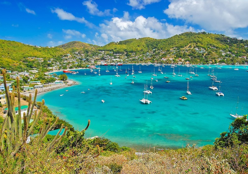yachts at anchor in the blue water os the Caribbean