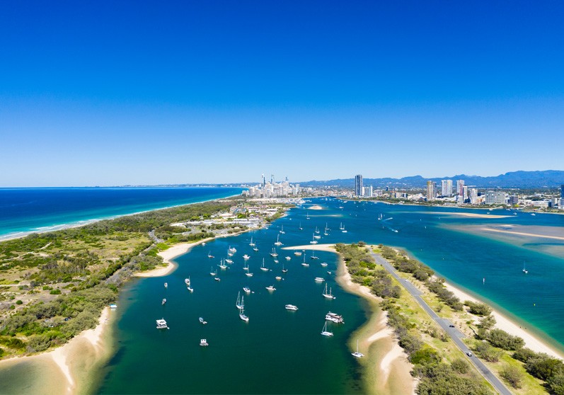 yachts at anchor against the beautiful landscape of the gold coast
