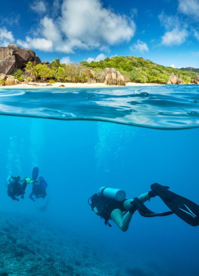 yacht charter guests diving in the Seychelles