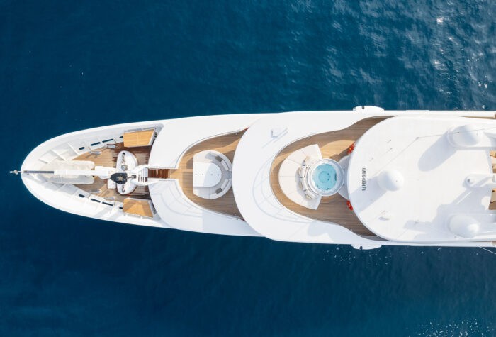 bird's eye view of a tri-deck yacht